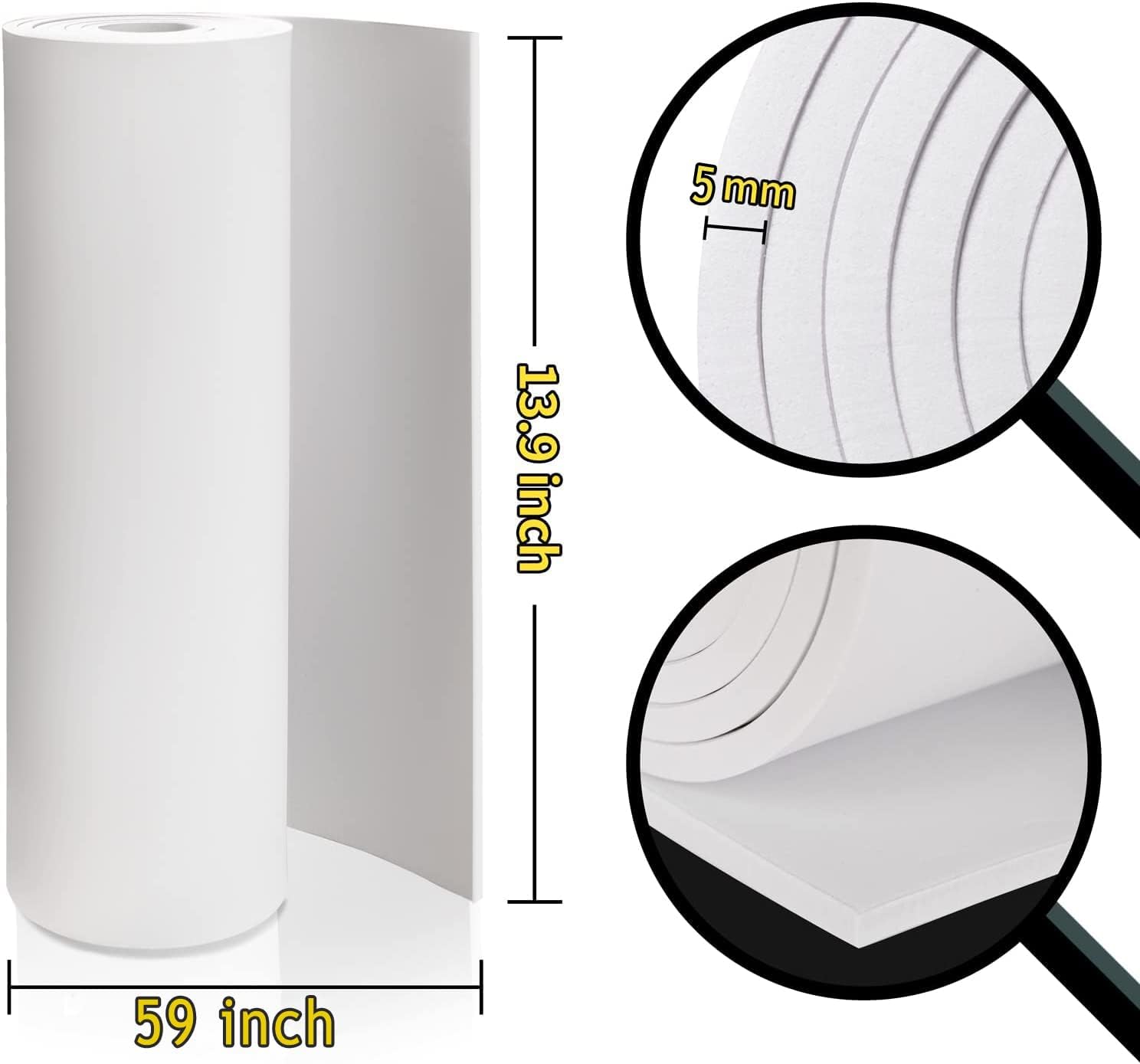 အဖြူရောင် Eva Foam Cosplay Sheets Roll ပရီမီယံ Eva Foam 5 မီလီမီတာ အထူ 59&quot;x13.9&quot; High Density 86kg/m3 Cosplay Costume လက်မှုပညာ DIY ပရောဂျက်များအတွက် PAIDU